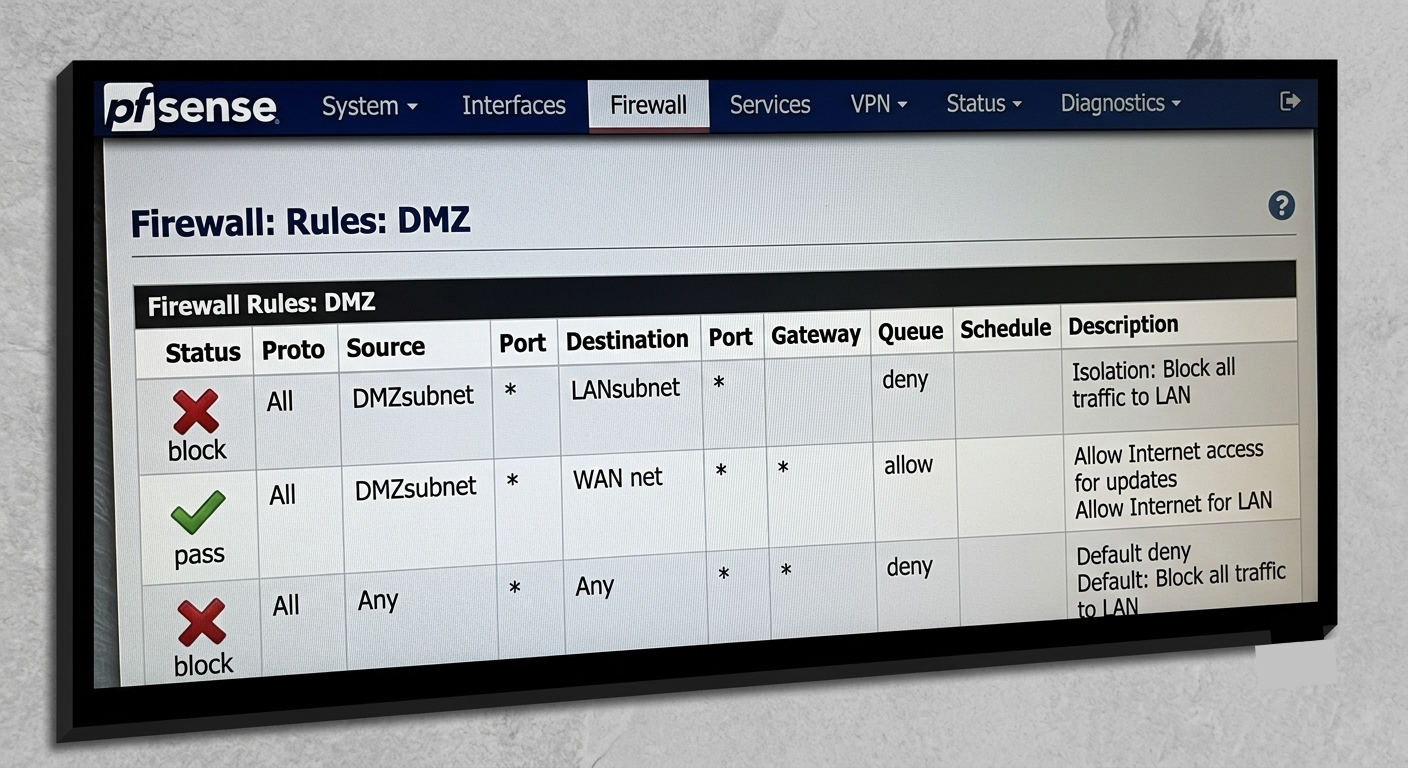 pfSense Firewall Rules Dashboard showing DMZ isolation